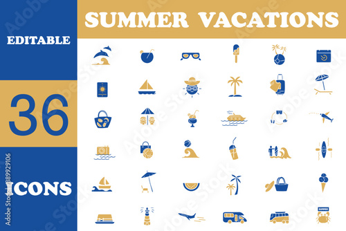 Summer vacation flat icons set. Summer vacations related symbols : Vacation, mountain, beach, trip, travel, camping icons and more signs. Flat icon collection. Vector illustration