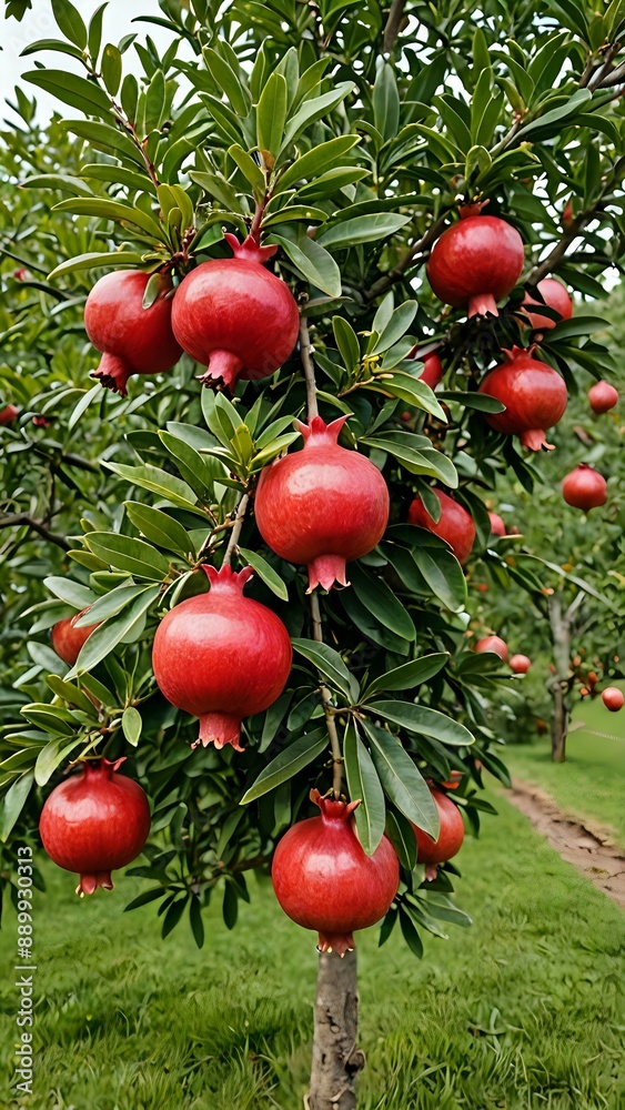 Close-up of ripe red pomegranates hanging on a tree branch, with lush green leaves in the background. Close-up of ripe red pomegranates hanging on a tree branch, with lush green leaves in the background.