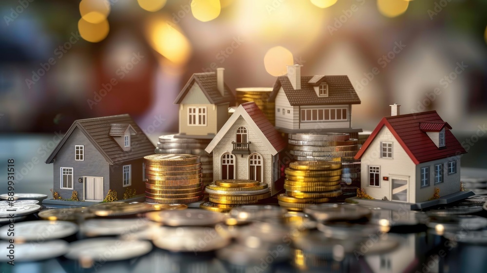 many houses with a lot of coin stack, idea for property investment, income , tax, and passive income many houses with a lot of coin stack, idea for property investment, income , tax, and passive income