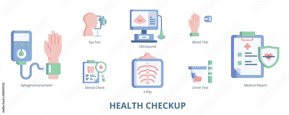 Health Checkup Flat Banner Web Icon Set Vector Illustration, Sphygmomanometer Medical Report Blood Test Urine X Ray Ultrasound Eye Dental Health Checkup Flat Banner Web Icon Set Vector Illustration, Sphygmomanometer Medical Report Blood Test Urine X Ray Ultrasound Eye Dental