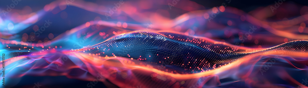 Abstract 3D Background with Red and Blue Wavy Lines and Bokeh Lights