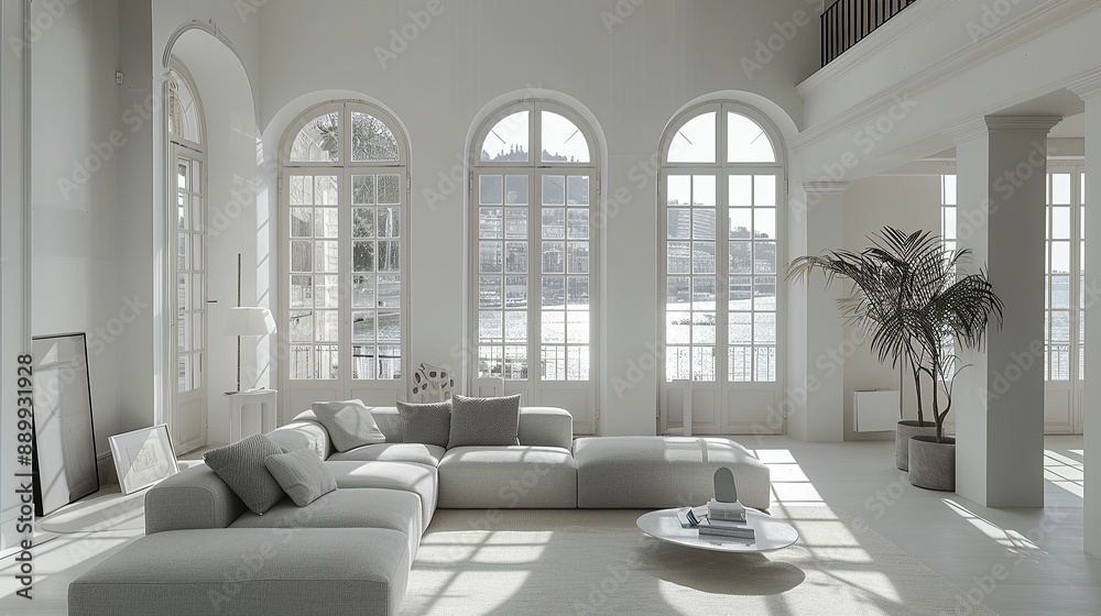 Fototapeta premium A spacious and bright living room with a large sectional sofa, a coffee table, and a potted plant. Sunlight streams through the arched windows.