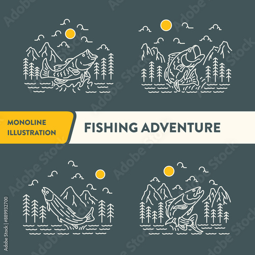 Fisherman Fishing Adventure Monoline Vector Illustration