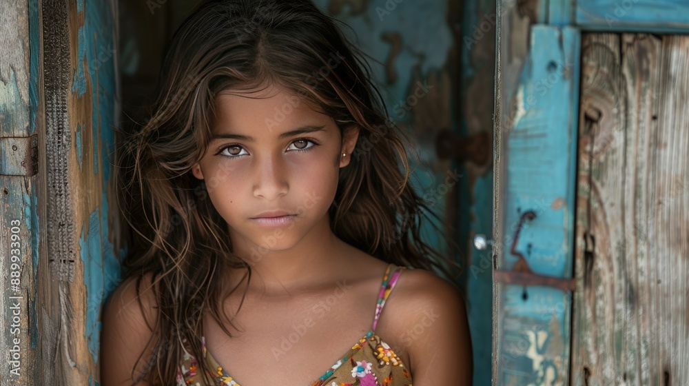 Fototapeta premium Portrait of a Young Girl with Intense Expression Standing Near Weathered Wooden Door