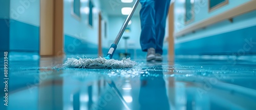 Blurred Janitor Mopping Hospital Corridor with Wet Floor