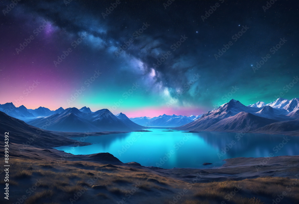 Naklejka premium A magical night scene featuring the enchanting northern lights in blue and purple hues, illuminating the sky above a mountainous landscape. The serene lake below mirrors the glowing aurora and sky