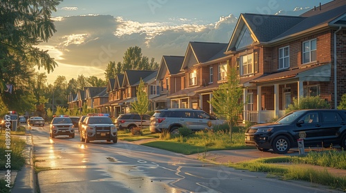 Police Cars Driving Down Residential Street at Sunset