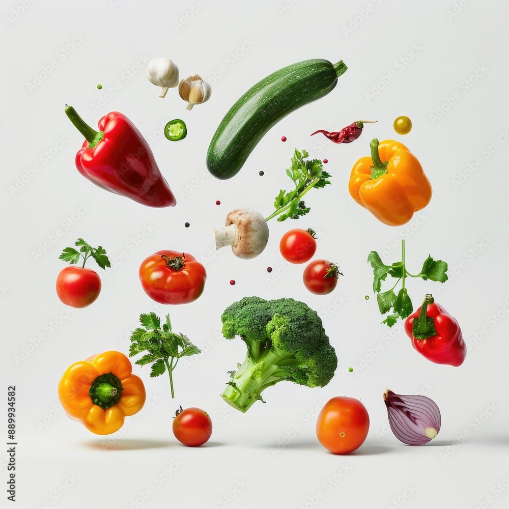 Fresh Vegetables in Mid-Air: Peppers, Zucchini, Tomatoes, Broccoli, Onion, and Herbs Fresh Vegetables in Mid-Air: Peppers, Zucchini, Tomatoes, Broccoli, Onion, and Herbs