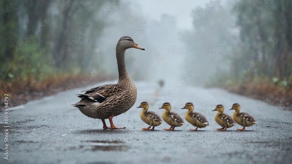 mother duck her ducklings walking wet road is mother duck her ducklings walking wet road is