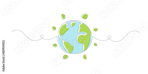Earth with Green Leaf.  Continuous line art drawing. Ecology and Environment concept.  Line art vector illustration.