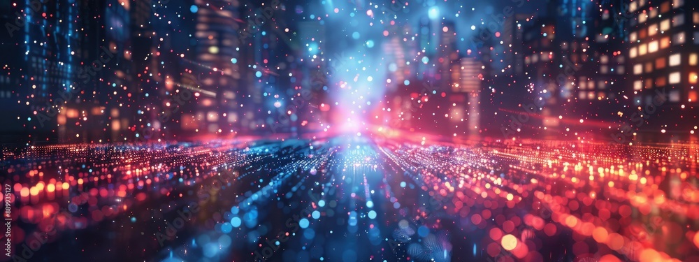 Fototapeta premium Futuristic Cityscape with Glowing Digital Lights and Bokeh Effect