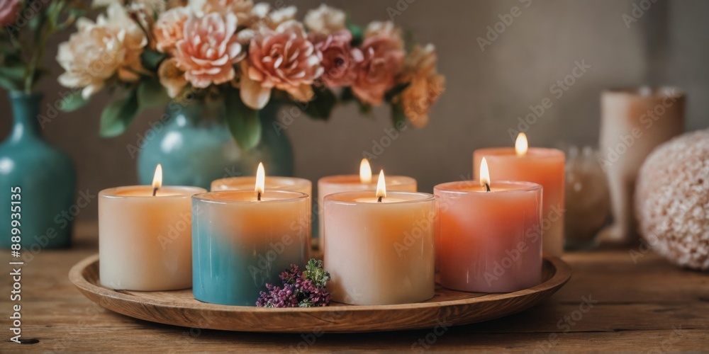 wooden tray six candles arranged row it are wooden tray six candles arranged row it are