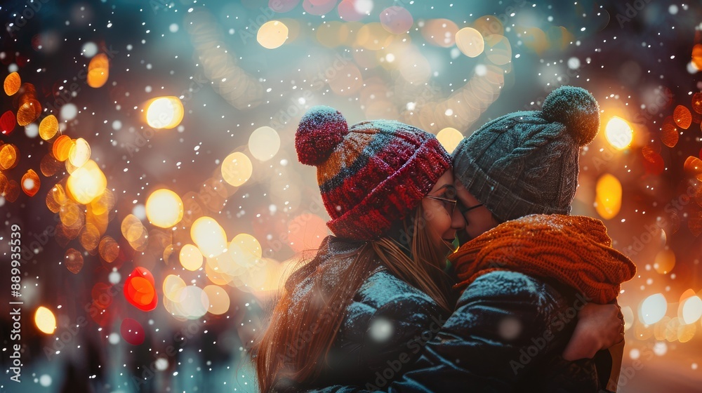 Romantic Couple Embracing in Snowy Winter Wonderland with Festive Lights and Bokeh Background Romantic Couple Embracing in Snowy Winter Wonderland with Festive Lights and Bokeh Background