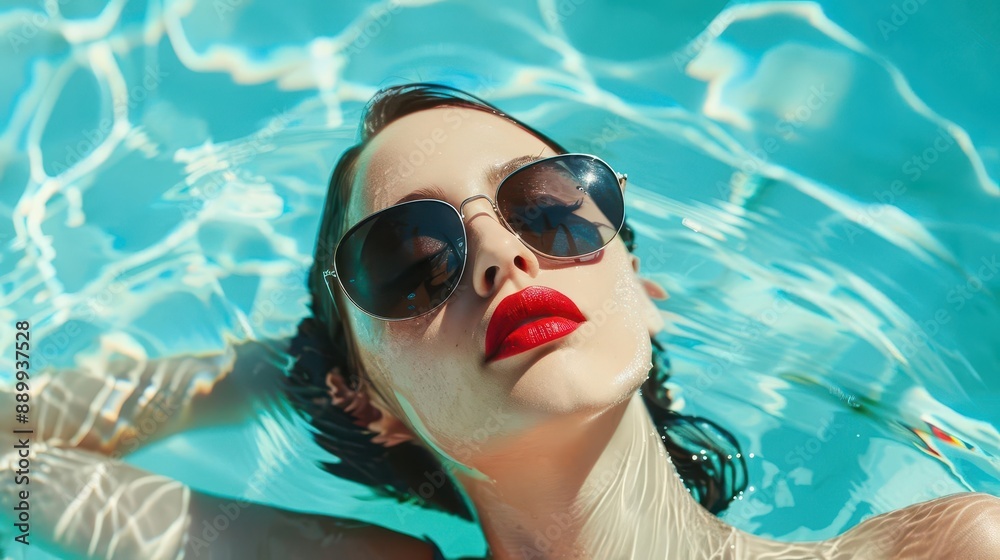 Naklejka premium chic woman in oversized sunglasses lounging in a crystalclear infinity pool bright red lips pop against the aquamarine water exuding summer glamour and carefree luxury