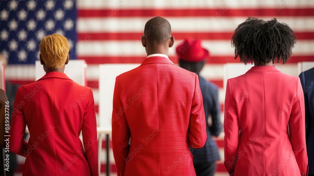 Obraz premium Delegates casting votes at a USA political convention, in a room filled with patriotic symbols and campaign materials