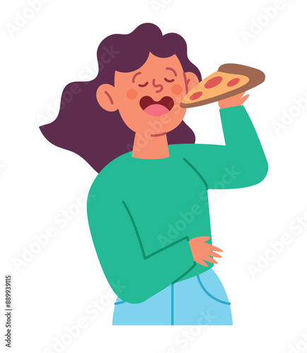 young woman eating pizza