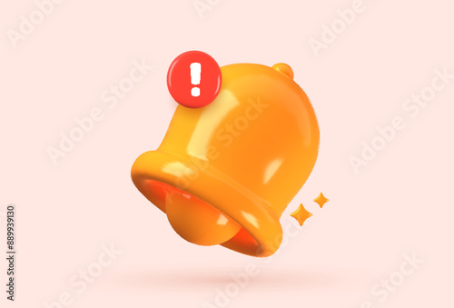 3D bell with red danger alert notification. Indicates new important message or urgent online call. Cartoon-style icon isolated on a white background.