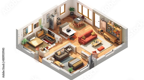 Isometric 3D apartment with 3 rooms featuring a master bedroom, guest room, and home office © Naseem