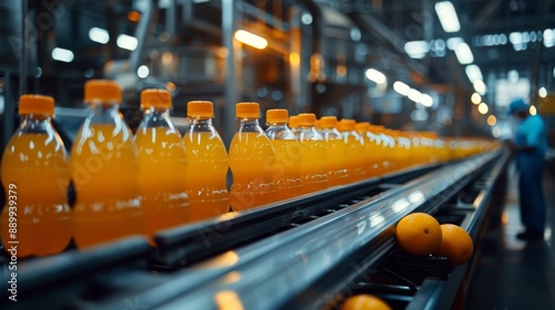 Orange juice bottles on a conveyor belt in a modern factory. Production and logistics concept