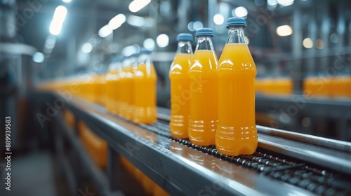 Orange juice bottles on a conveyor belt in a modern factory. Production and logistics concept