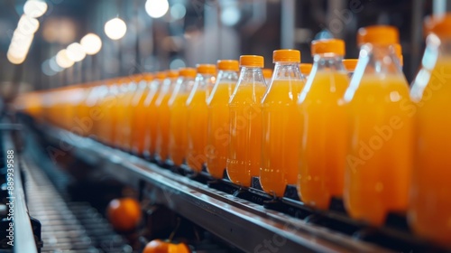 Orange juice bottles on a conveyor belt in a modern factory. Production and logistics concept