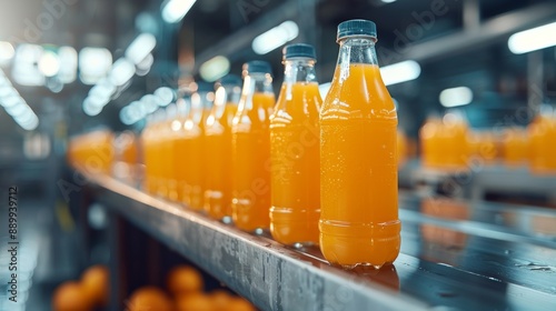 Orange juice bottles on a conveyor belt in a modern factory. Production and logistics concept