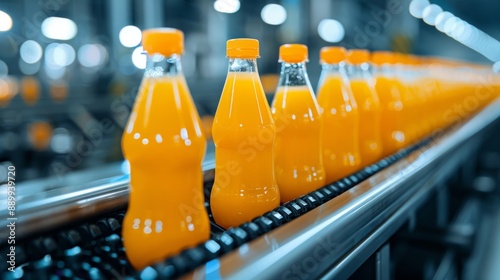 Orange juice bottles on a conveyor belt in a modern factory. Production and logistics concept