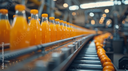 Orange juice bottles on a conveyor belt in a modern factory. Production and logistics concept