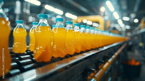 Orange juice bottles on a conveyor belt in a modern factory. Production and logistics concept