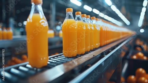 Orange juice bottles on a conveyor belt in a modern factory. Production and logistics concept