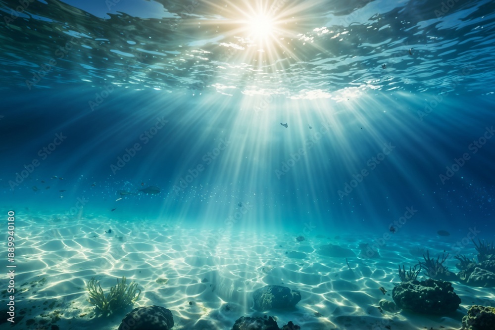 Fototapeta premium Underwater scene with sunlight beams shining through the clear blue-green water, creating a serene and tranquil atmosphere