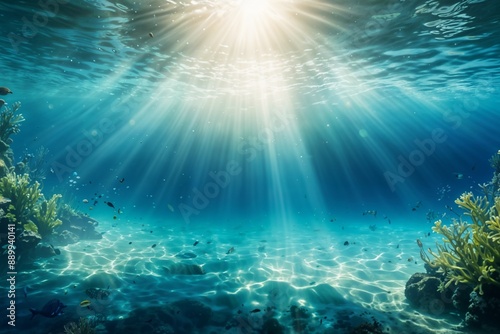 Underwater scene with sunlight beams shining through the clear blue-green water, creating a serene and tranquil atmosphere