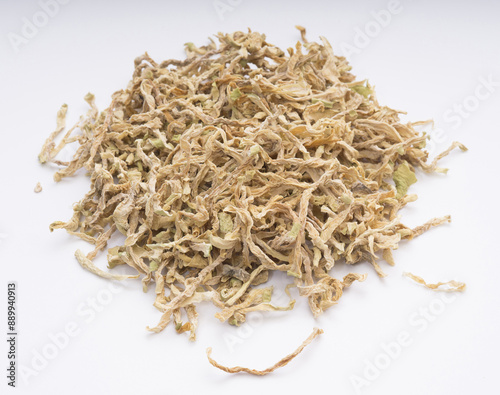 Close up of stacked dried cut radish on white floor, South Korea 