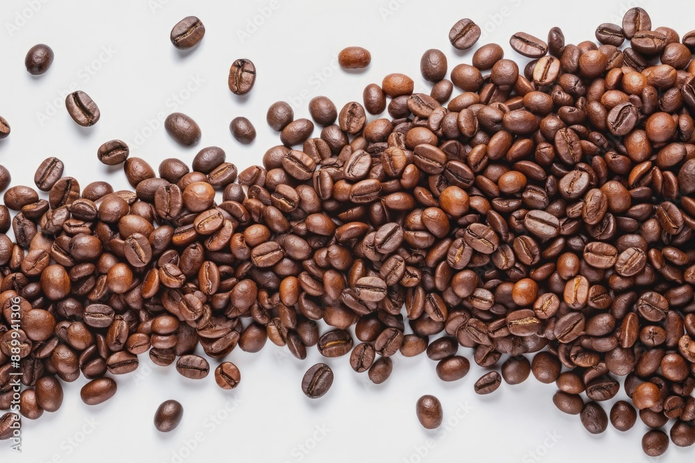 Coffee beans cascade downwards in a random pattern, isolated on a clean white background, showcasing their rich brown color and natural textures in high definition.
