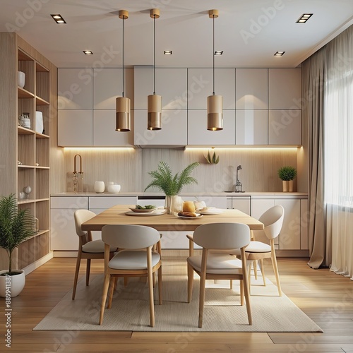 Wallpaper Mural Elegant minimalistic kitchen and dining area features a simple yet stylish table setting with white and beige accents, warm lighting, and natural textures. Torontodigital.ca
