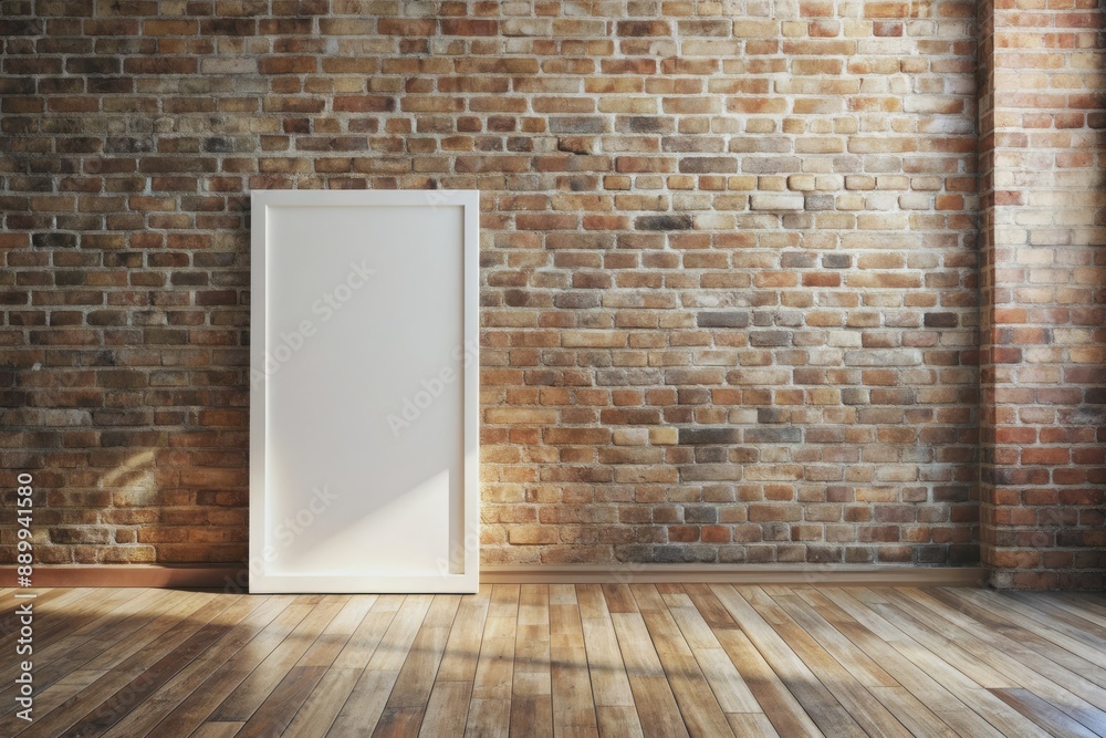 A blank poster on a distressed brick wall in a minimalist, empty room with wooden floor and natural light creating a sense of simplicity. A blank poster on a distressed brick wall in a minimalist, empty room with wooden floor and natural light creating a sense of simplicity.