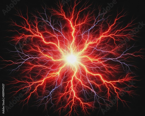 Vibrant red lightning bolt illuminates a deep black background, its electric tendrils branching out in a mesmerizing display of raw energy and intense power.