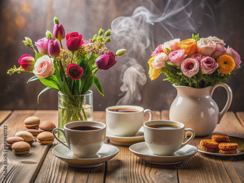 A warm and inviting table setting with two steaming cups of coffee, accompanied by a vase with fresh flowers and a few sweet treats. A warm and inviting table setting with two steaming cups of coffee, accompanied by a vase with fresh flowers and a few sweet treats.
