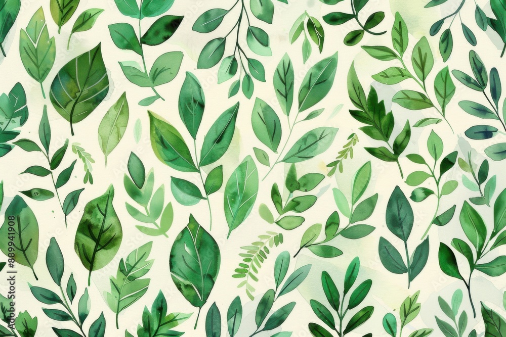 Seamless pattern of various green leaves on a light background. Perfect for nature-themed designs and botanical illustrations.