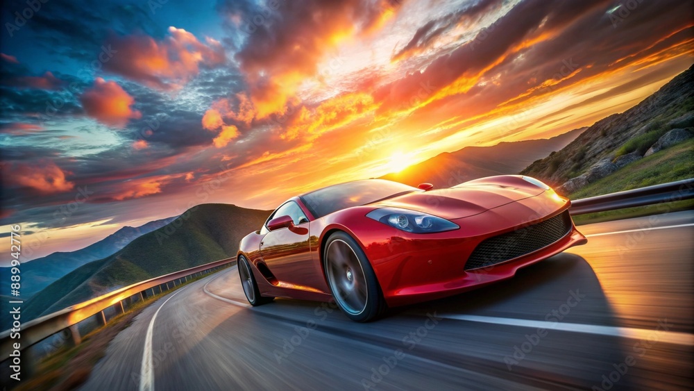 Close-up of a sleek, red sports car speeding down a winding mountain road at dawn, with motion blur on the wheels and a dramatic sky in the background. Close-up of a sleek, red sports car speeding down a winding mountain road at dawn, with motion blur on the wheels and a dramatic sky in the background.