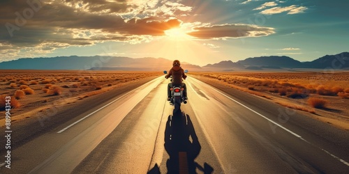 Thrilling shot of a lone motorcyclist on a wide, open road, highlighting the freedom and excitement of riding on a long, straight path, Generative AI