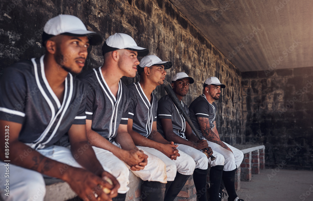 Obraz premium Baseball, team and dugout for watch for sports, anxious and support in shade for competition. Field, diversity and rest for substitution for male people, nervous and athlete for softball club match
