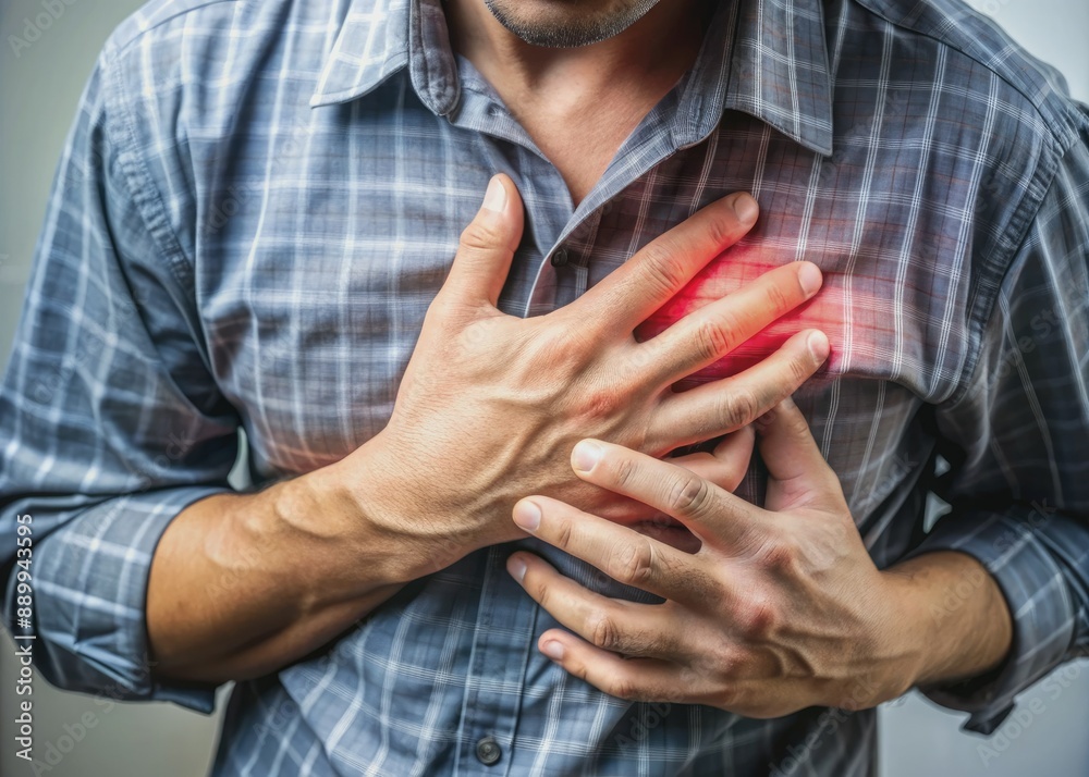 Close-up of an empty space where a person's hands clutch their chest, conveying a sense of sudden, intense heart pain or cardiac distress. Close-up of an empty space where a person's hands clutch their chest, conveying a sense of sudden, intense heart pain or cardiac distress.