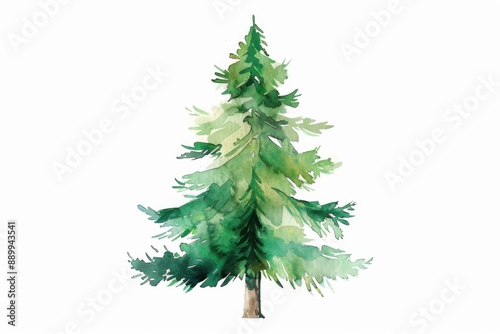 Watercolor illustration of a vibrant green pine tree isolated on a white background. Perfect for nature-themed designs and holiday decor.