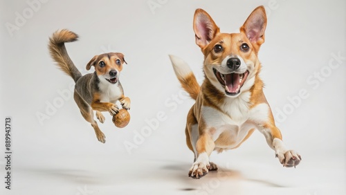 Vibrant playful dog in mid-air, tongue out, ears flapping, energetically chasing a quick brown squirrel on a clean white studio background.