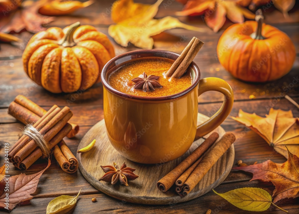 Warm spiced pumpkin beverage in a rustic mug, adorned with cinnamon sticks and fall leaves, sits on a vibrant autumnal background with scattered nuts. Warm spiced pumpkin beverage in a rustic mug, adorned with cinnamon sticks and fall leaves, sits on a vibrant autumnal background with scattered nuts.