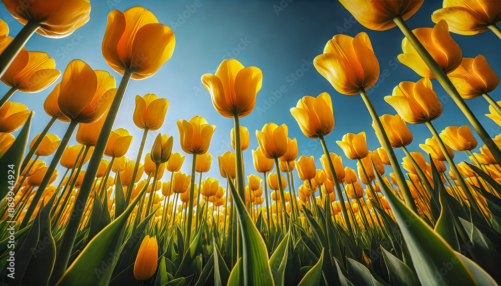 Obraz premium Bright Yellow Tulips Reaching for the Sun in a Spring Field
