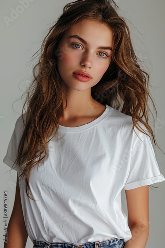 White tshirt mockup on woman model created with Generative AI