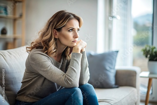 Woman Sitting on a Sofa Looking Out the Window.