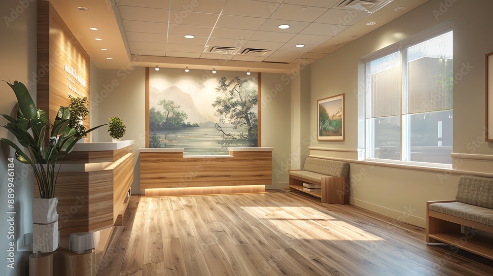 Obraz premium Modern minimalist office waiting area with wooden furniture and natural light.